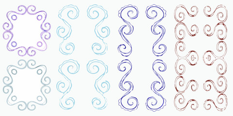 Collection of decorative hand drawn swirls and frames in purple blue and brown colors