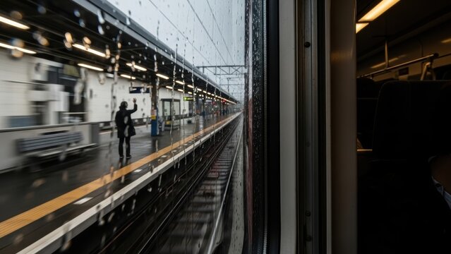 View from a moving train window of a person waving goodbye on a rainy platform.