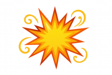 Explosion comic sound effect creating boom pop art burst with orange and yellow starburst on transparent background