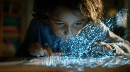 Close up view of a child engrossed in magical, glowing blue letters and numbers emanating from a surface. Dark, intimate setting. - Powered by Adobe