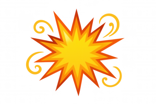 Explosion comic sound effect creating boom pop art burst with orange and yellow starburst on transparent background