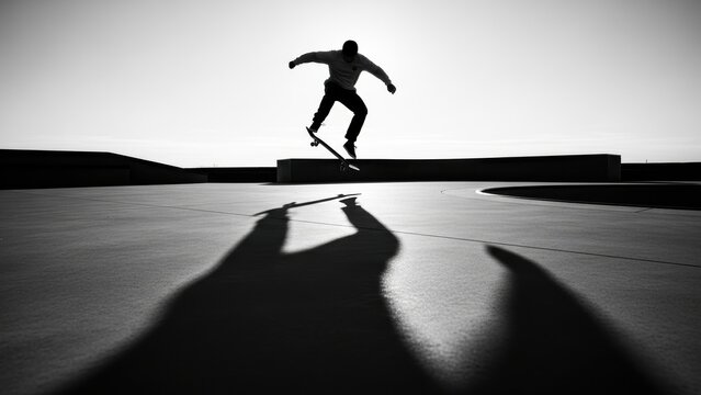Black and white silhouette of a skateboarder in mid-air with a long shadow.