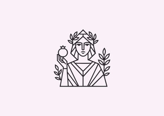 A geometric style line art logo of Persephone, symbolizing seasons, rebirth, and duality