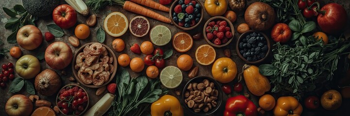 Vibrant array of fresh fruits, vegetables, and nuts arranged on a rustic surface, showcasing a colorful and healthy harvest.