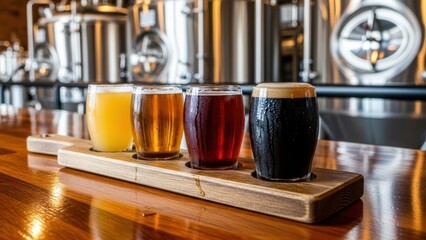 Four glasses of craft beer on a tasting paddle at a microbrewery.