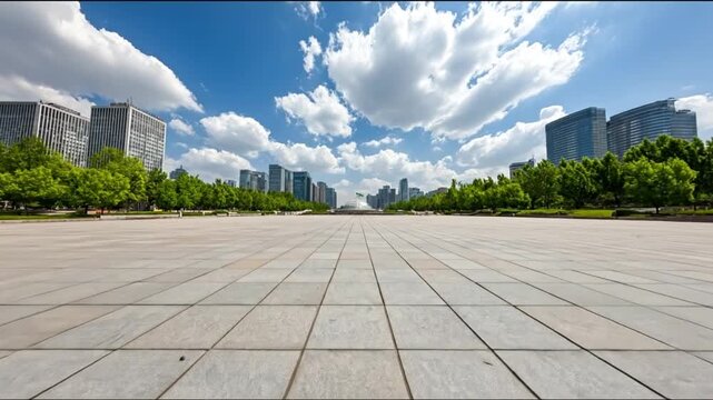 An expansive paved plaza stretches towards a skyline of modern buildings under a vibrant blue sky.