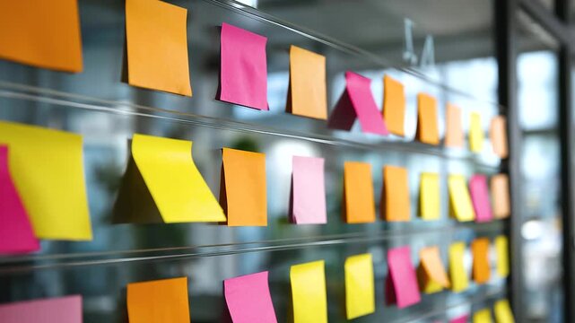 Colorful sticky notes on glass wall in office with bright yellow, orange, pink paper for vibrant brainstorming and organized planning environment