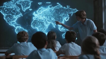 A teacher points to a glowing blue digital world map on a screen, while a group of elementary school aged students attentively watch. - Powered by Adobe