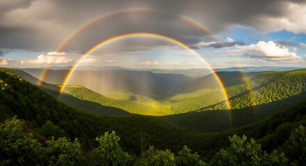 Double rainbow arching over lush green hills and valleys under a dramatic cloudy sky
