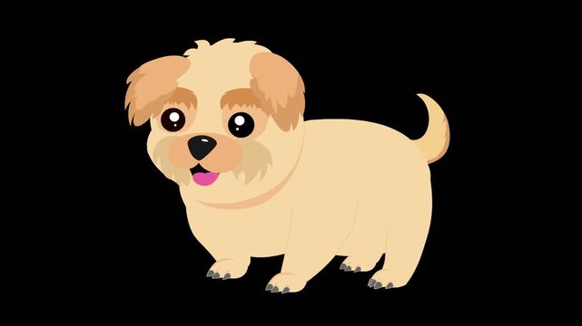 A cartoon illustration of a small, fluffy, light brown dog with a happy expression, isolated on a black background.