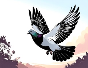 Obraz premium A pigeon in flight, against a sunrise/sunset backdrop of trees