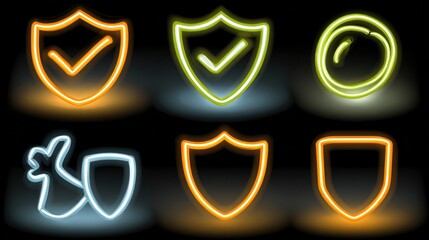 Neon shield icons with checkmarks, set on black background