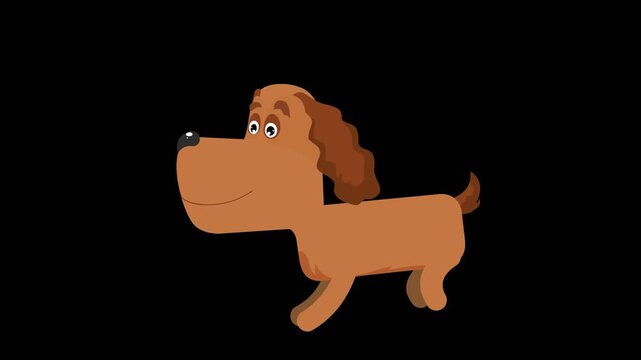 A cheerful, cartoon brown dog strolls across a black background.