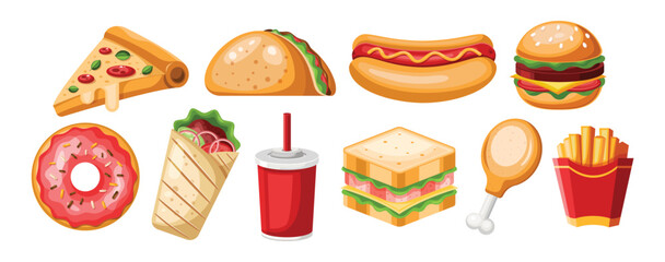 Set of fast food. Hamburger, hot dog, pizza, donut, shawarma, drink, sandwich. Street food restaurant trendy design menu element.