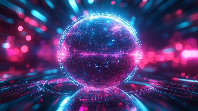 A glowing holographic digital globe surrounded by pink and blue neon lights and futuristic grid lines, global communication, technology, digital networks, worldwide connectivity, and innovation.
