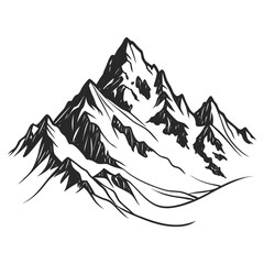 Black and White Illustration of Snow-Capped Mountain Peaks, Majestic Mountain Range, Wilderness Landscape