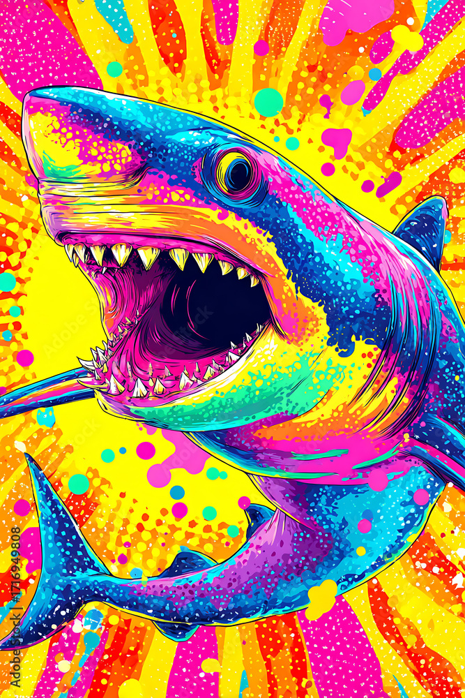 Poster vibrant and colorful shark illustration with dynamic background of splashes and patterns