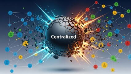 An abstract illustration of a centralized network exploding into a decentralized one.