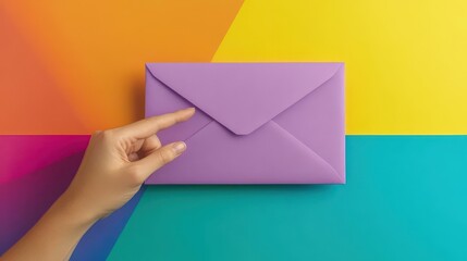 Brightly Colored Envelope Hand Gesture Against Multicolored Background with Pink Orange Yellow Green and Blue Sections for Creativity and Communication Themes