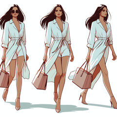  Vector image set of woman walking with bag