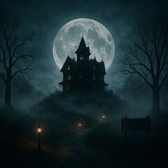 Haunted House with Foggy Moon