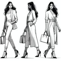  Vector image set of woman walking with bag