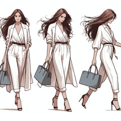  Vector image set of woman walking with bag