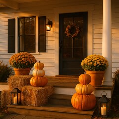 Autumn Porch with Decorative Pumpkins