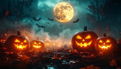 Fototapeta premium Atmospheric Halloween scene, carved pumpkins glowing with candles, spooky mist, bats flying under a full moon