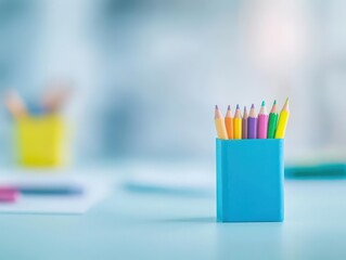 Fototapeta premium Bright colorful pencils in a blue holder on a light blue desk with blurred background for artistic supplies or creative workspace illustration