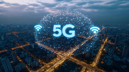 Low latency 5G technology – Aerial view of a city skyline at dusk with a glowing 5G network overlay