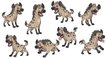 Obraz premium Cartoon Playful Brown Spotted Hyena Expressing Various Emotions on White Background