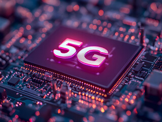 Low latency 5G technology – Close-up view of a 5G microchip on a circuit board with glowing elements