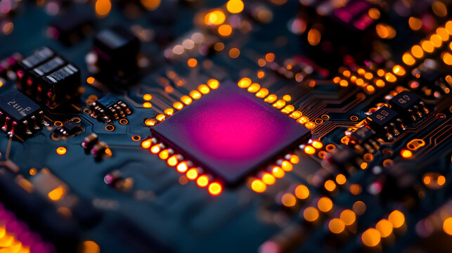 Low latency 5G technology – Close-up of a vibrant microchip showcasing intricate circuitry and glowing lights - Powered by Adobe