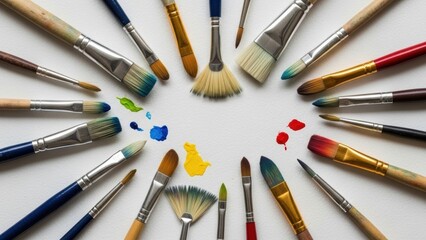 Fototapeta premium An array of artist's paintbrushes in a circle with colorful paint splotches.