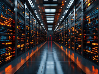 Low latency 5G technology – Futuristic data center corridor with illuminated servers and sleek design