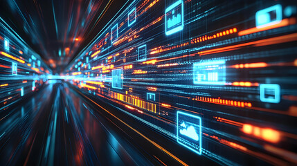 Low latency 5G technology – Futuristic digital corridor with glowing data streams and vibrant visuals