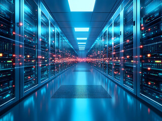 Low latency 5G technology – Futuristic data center corridor with glowing servers and digital light effects