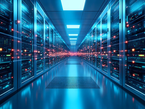 Low latency 5G technology – Futuristic data center corridor with glowing servers and digital light effects - Powered by Adobe