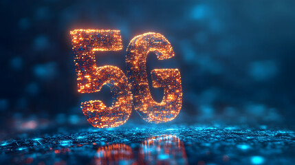 Low latency 5G technology – Glowing 5G Sign Illuminated in a Futuristic Setting with Sparkling Background