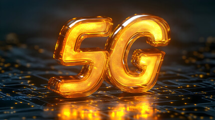 Low latency 5G technology – Glowing 5G Symbol on a Futuristic Circuit Background with Digital Elements