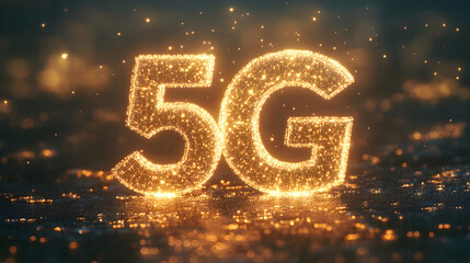 Low latency 5G technology – Glowing 5G Sign Illuminating a Dark Surface with Sparkles and Bokeh Effect