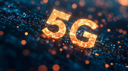 Low latency 5G technology – Glowing 5G Technology Sign Surrounded by Digital Data and Light Effects