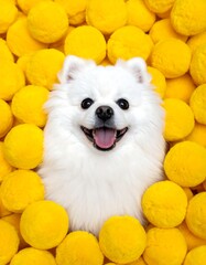 Happy white dog surrounded by yellow balls