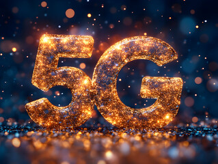 Low latency 5G technology – Glowing 5G Sign Illuminated with Sparkling Particles on a Dark Background