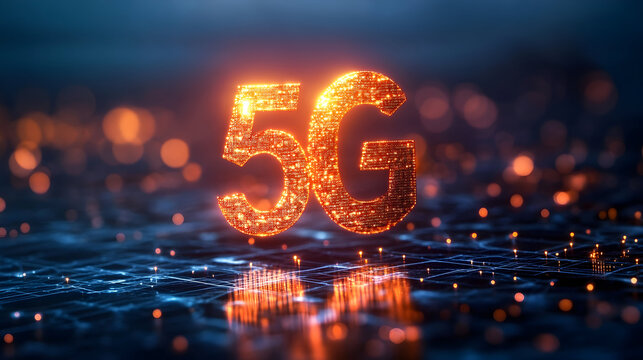 Low latency 5G technology – Glowing 5G Sign Illuminating a Futuristic Digital Landscape with Network Connections
