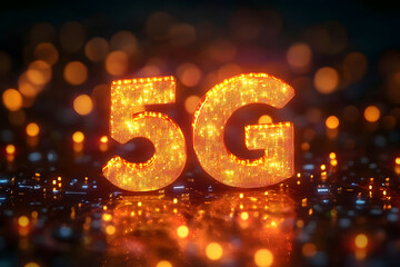 Low latency 5G technology – Glowing 5G Sign with Sparkling Lights on a Dark Background