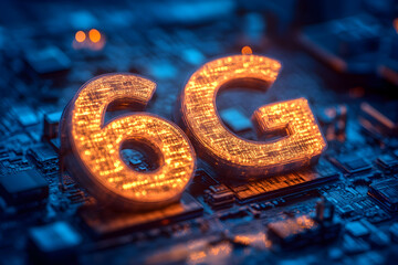 Low latency 5G technology – Glowing 6G letters on a circuit board, symbolizing advanced technology and innovation