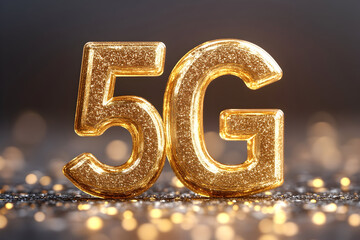 Low latency 5G technology – Golden 5G Text with Sparkling Background Showcasing Modern Technology