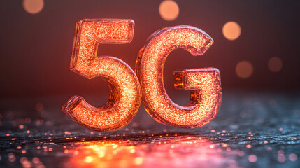 Low latency 5G technology – Glowing 5G text illuminated against a sparkling background with bokeh effects